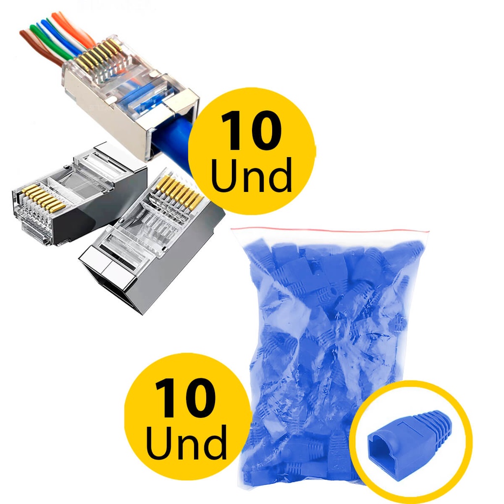 Kit 10 Conectores Rj45 Cat6 Blindados Pass Crimp + 10 Capas