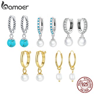 Brincos Bamoer Hoop 925 Prata Pérola Turquesa Simples Joias Para Mulheres Presentes