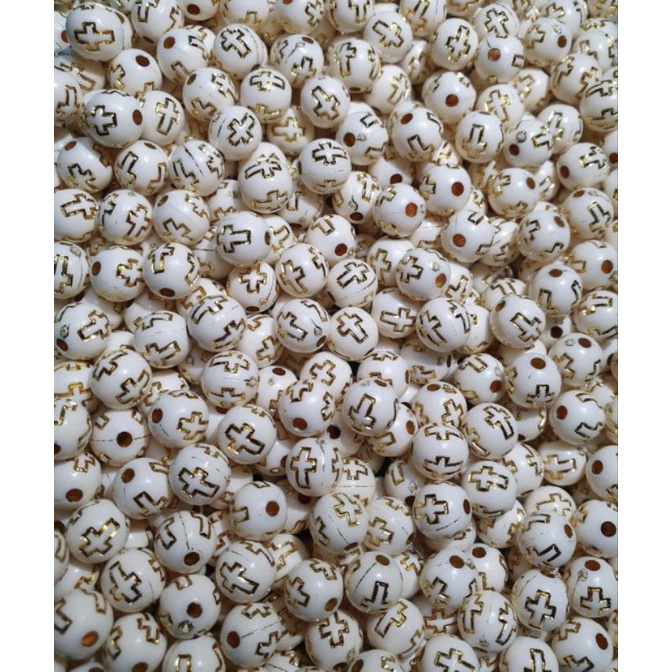Miçangas Bola Bege 8mm Cruz Dourada 200 Peças.