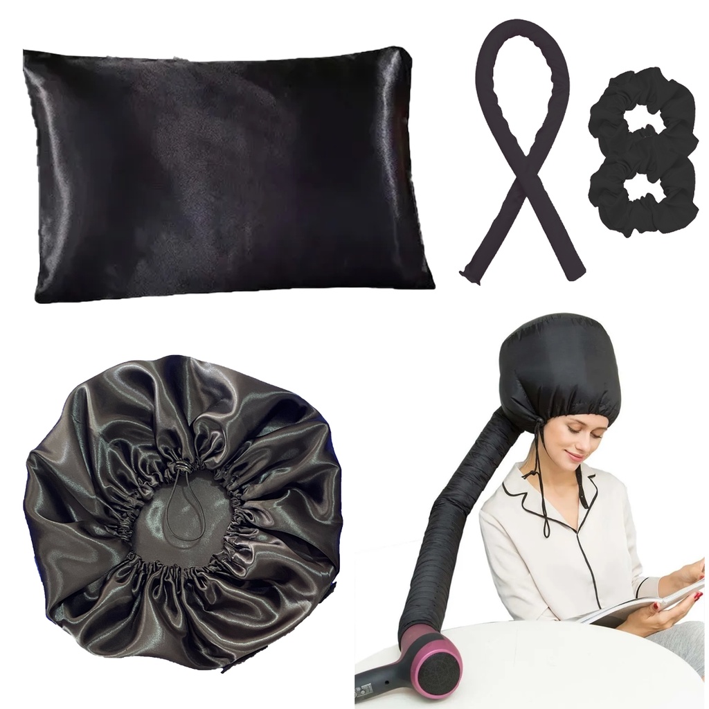 Touca DIFUSORA Cetim + touca cetim dupla + fronha cetim + modelador curling rod kit anti frizz em Oferta na Shopee