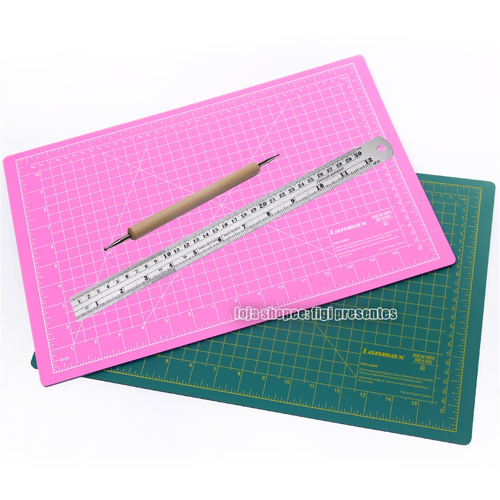 Kit Base De Corte A3 45x30 Verde Ou Rosa + Régua Aço 30cm + Boleador