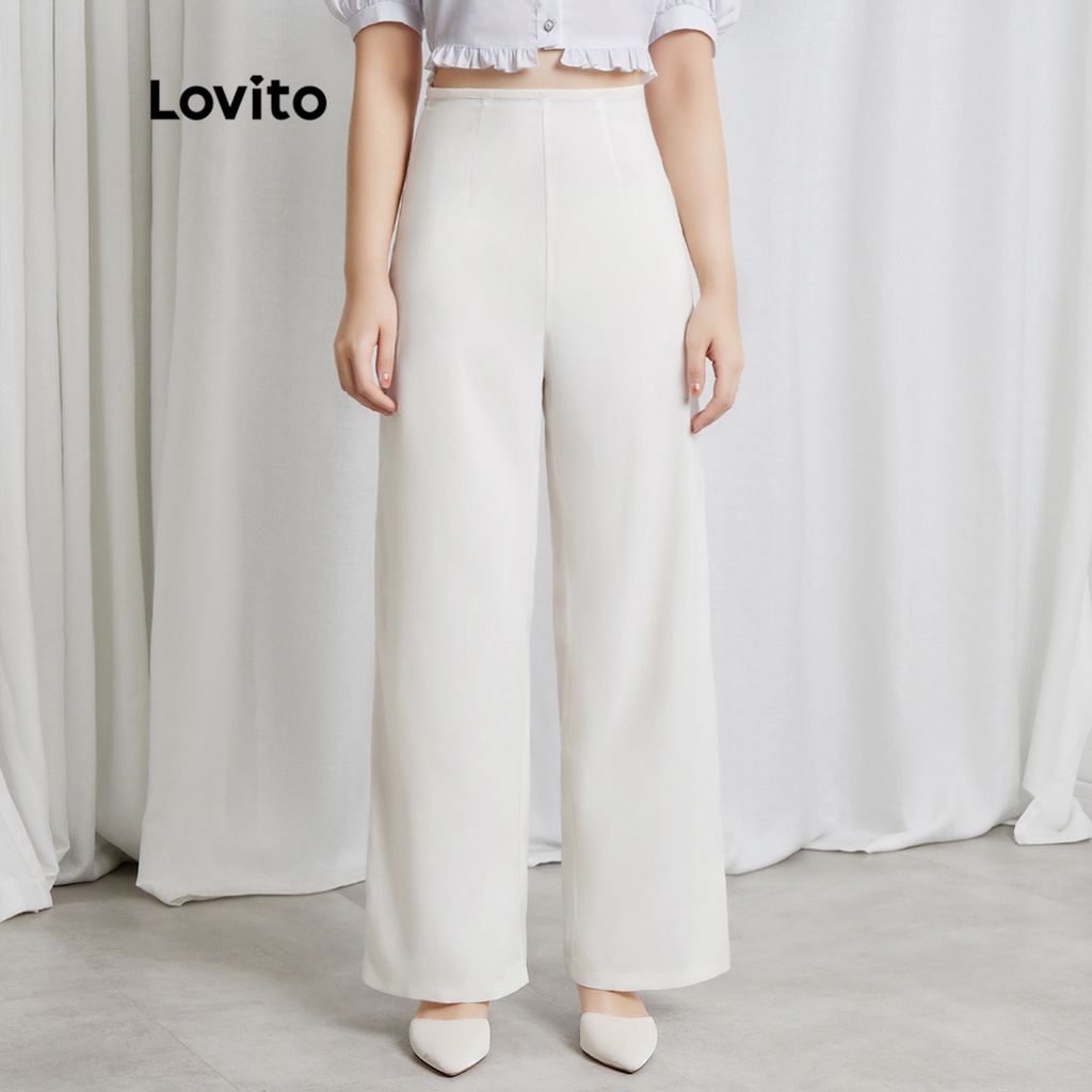 Lovito Calças Femininas Elegantes Lisas com Zíper Cintura Alta e Perna Reta L41AD004 (Branco)