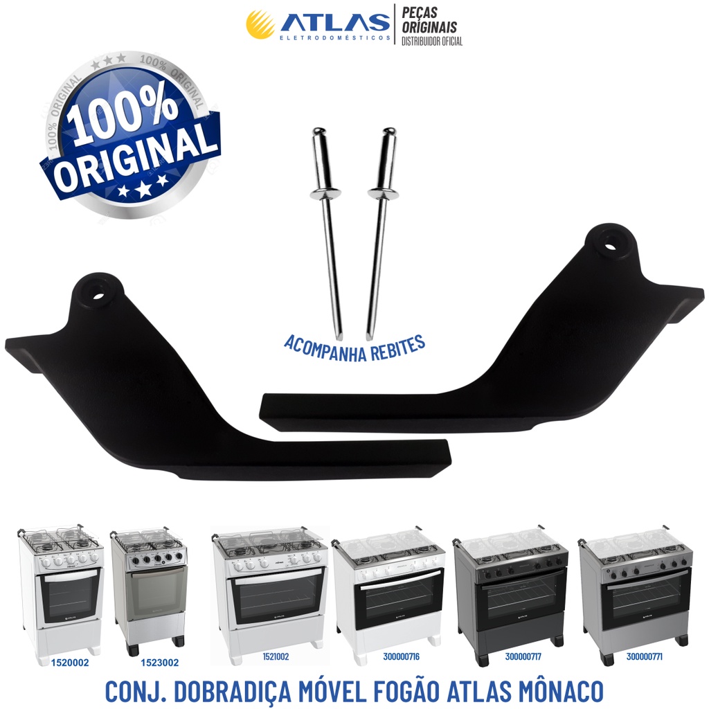 Conj. Dobradiça Tampa Móvel Fogões Atlas Mônaco 4 E 5 Bocas 100% ORIGINAL