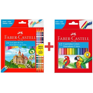 Kit Lápis De Cor Faber Castell 24 Cores + 4 Cores Bicolor 120124 + Canetinha Hidrográfica 12 Cores Faber Castell