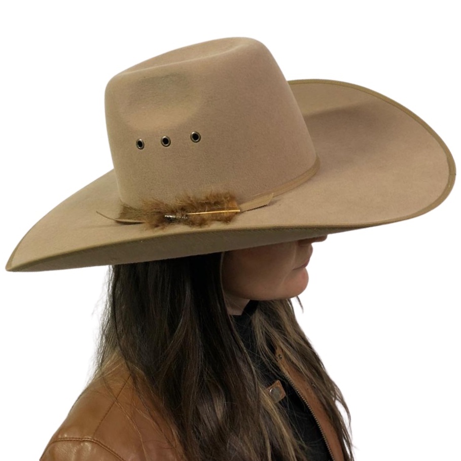 Chapéu Country Feminino Stetson Importado Original John B Feltro Camel c/ Pena Feltro Premium