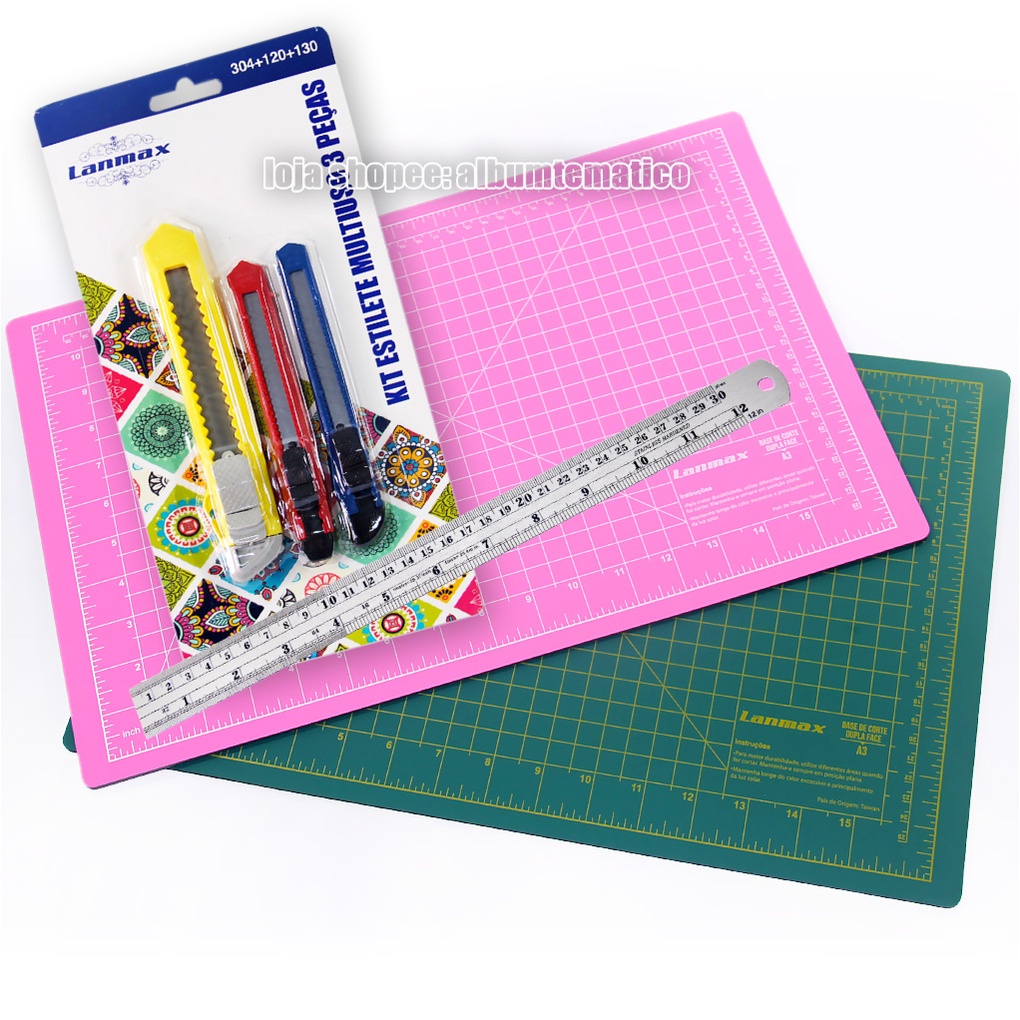 Kit Base De Corte 45x30 Verde Ou Rosa + Kit 3 Estiletes + Régua Aço 30cm em Oferta na Shopee