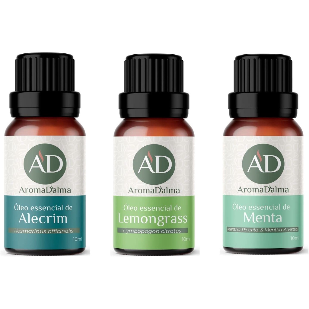 Kit 3 Óleos Essenciais 100% Puros - Alecrim, Lemongrass e Menta - Difusor, Aromaterapia e Corpo | Aroma D’alma
