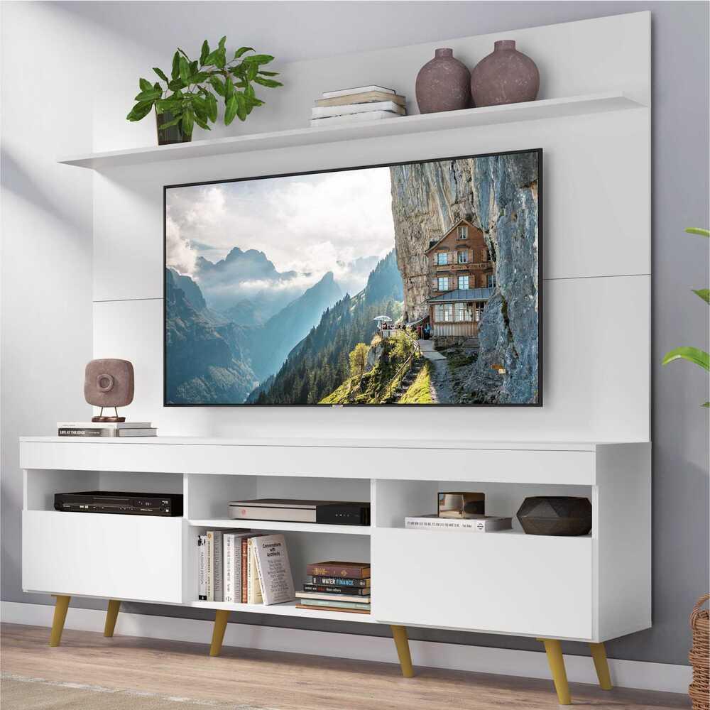 Rack com Painel TV 65" Madri Multimóveis Pés Retrô e Prateleira Branco/Natural - Home & Living