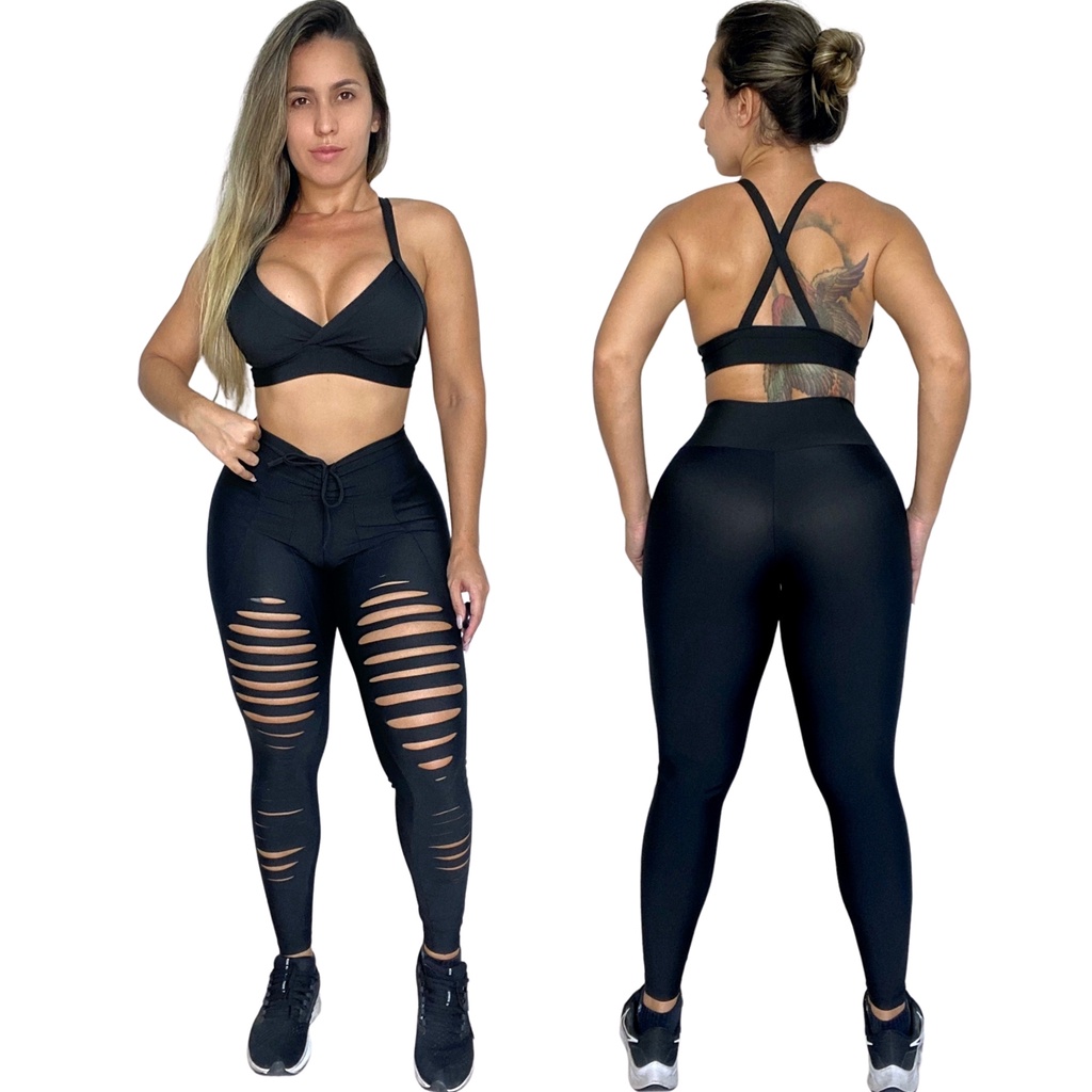 Conjunto Legging + Top Leg Fitness Rasgada Academia Preta Cós Alto Costura Reforçada Modeladora