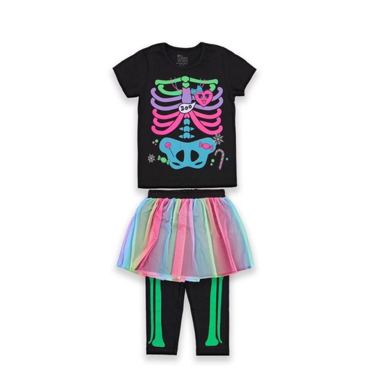 Fantasia Infantil Caveira Colorida Criança Arco-íris Esqueleto Rock Tutu Vestido Fantasia Carnaval