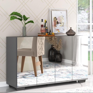 Aparador Buffet 4 portas com Espelho e Pés Quadrados Vegas Multimóveis Grafite/Preto em Oferta na Shopee