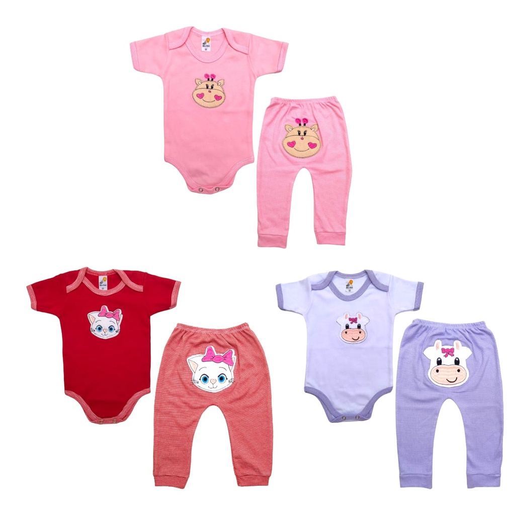 Kit 6 Pçs Body + Calça + Babador Bandana Roupa Para Bebê