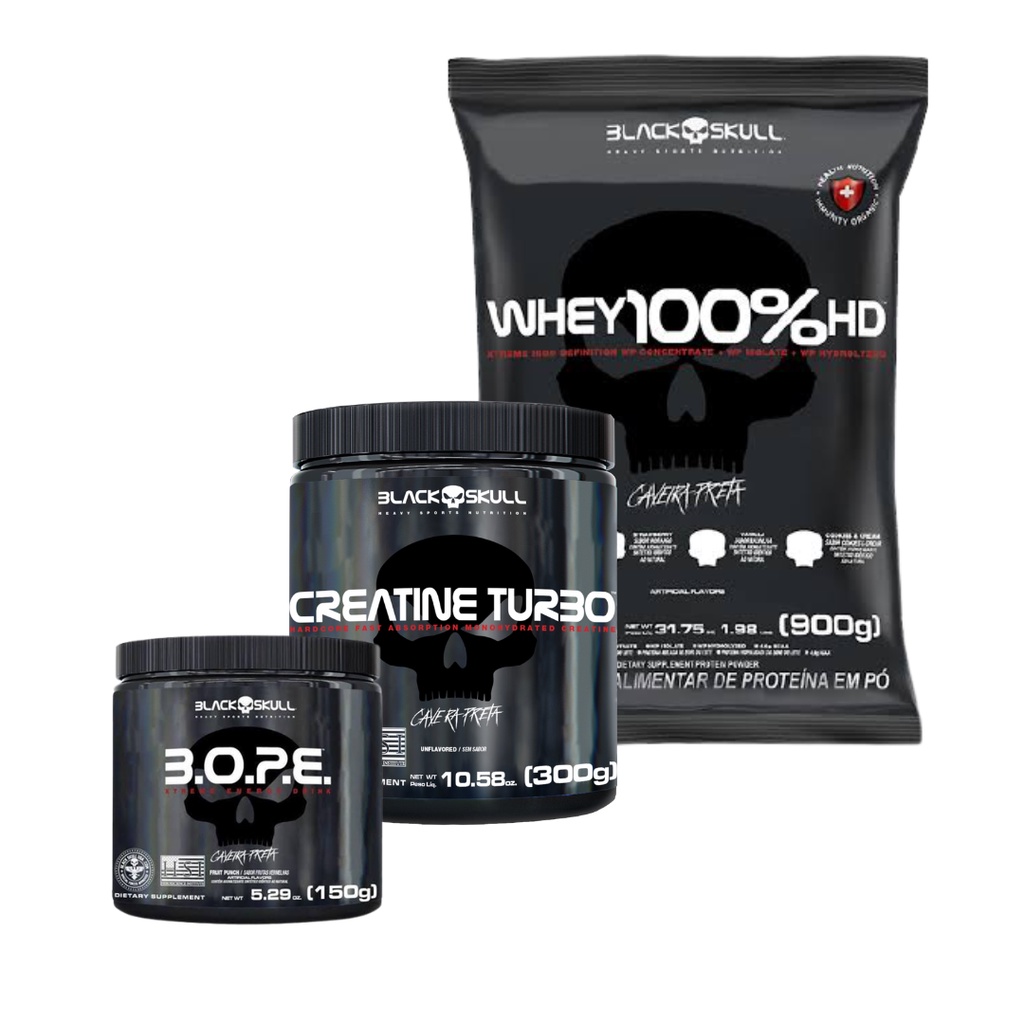 Whey 100%HD 900g Refil + Creatina Turbo 300g + Pré treino B.o.p.e Frutas Vermelhas 150g - BlackSkull