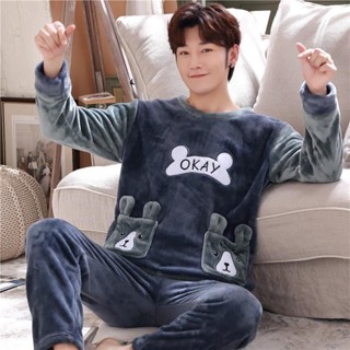 Jn Pijamas Fato de Inverno de Outono Estilo Masculino de Velo de Coral Espessado Mais Velo Quente de Flanela Fofo de Inverno