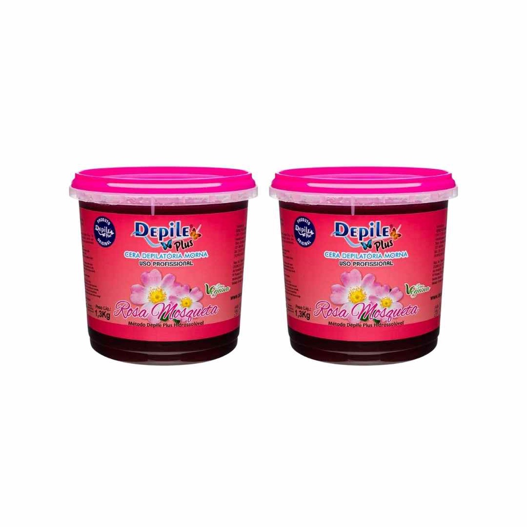 Kit 2 Cera Depilatória Rosa Mosqueta Hidrossolúvel Vegana Depile Plus Profissional 1,3kg