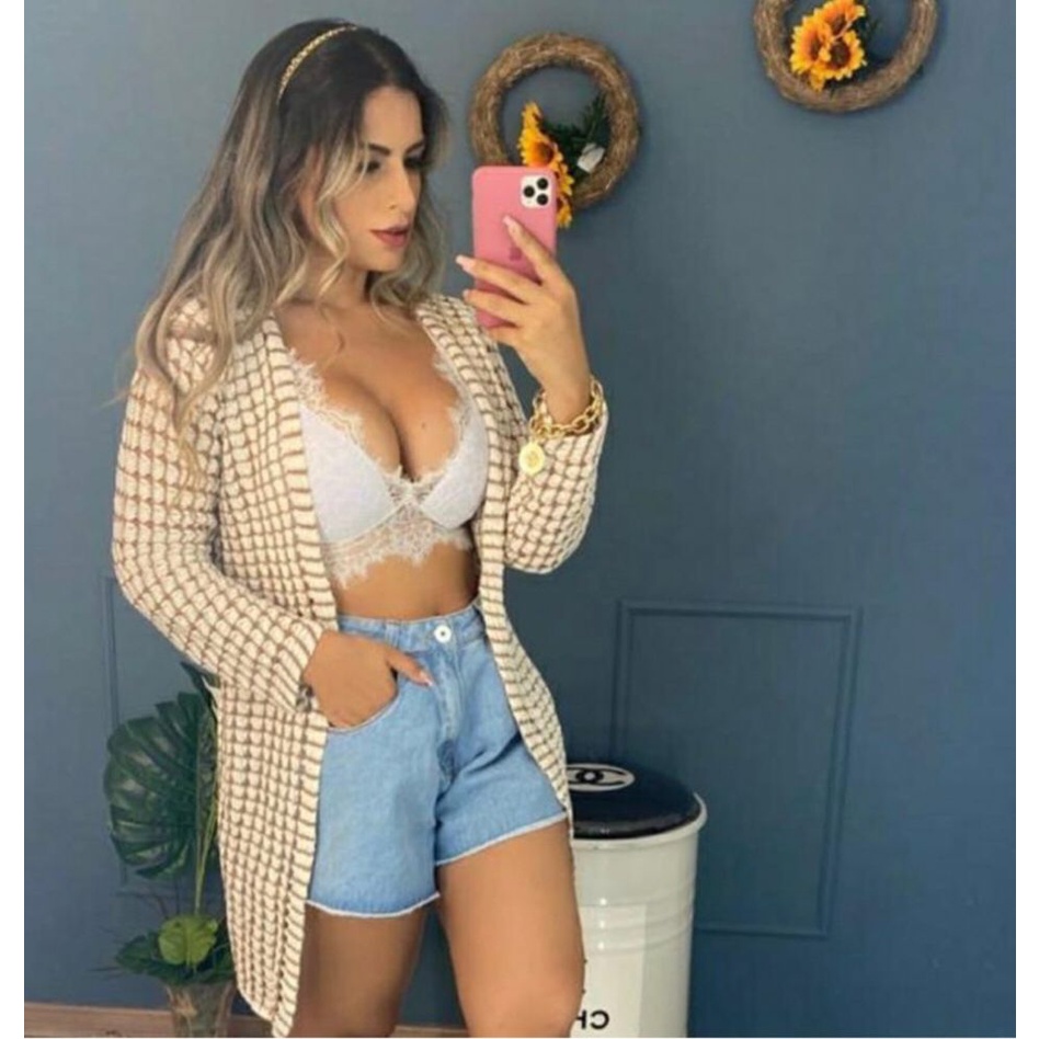 Casaquinho Feminino Tricot Kimono Cardigan Liso Moda Blogueira