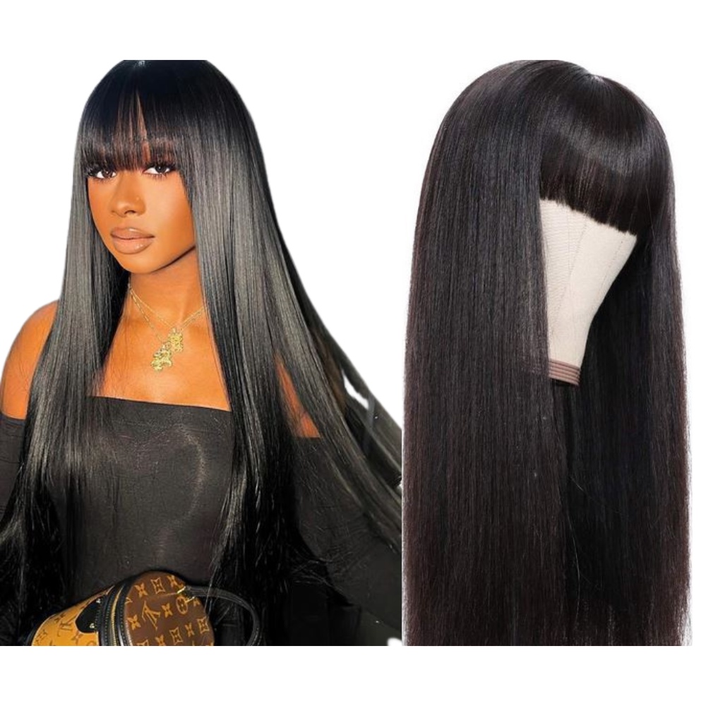 Peruca Orgânica Longa Franja Reta Preta Super Natural em Oferta na Shopee