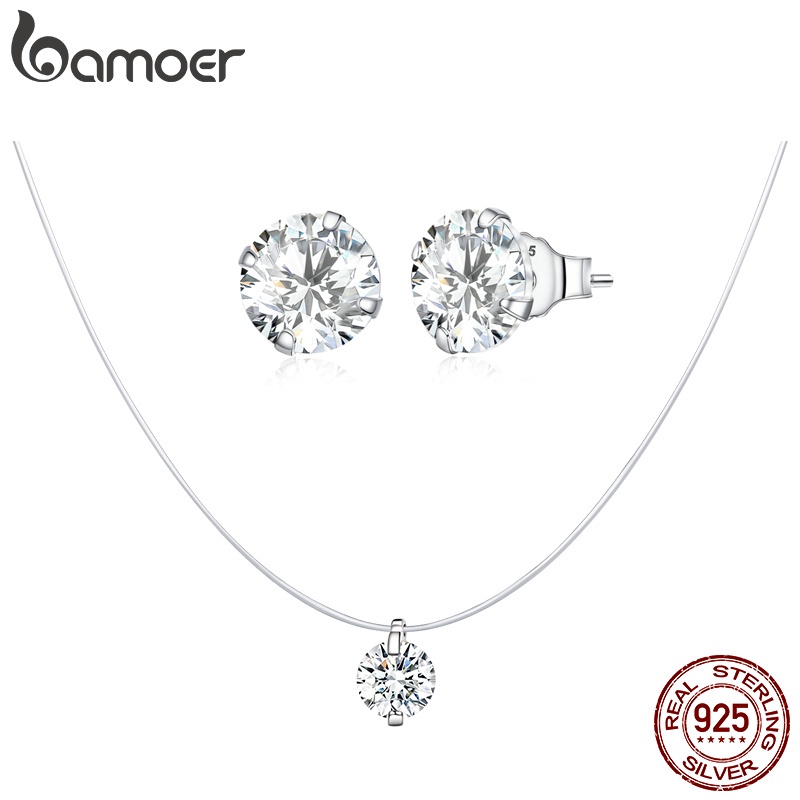 Bamoer 925 Conjunto De Joias De Prata Esterlina Colar E Brincos Zircônio Brilhante Para Mulheres Presentes Meninas - Fashion Accessories
