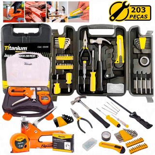 Jogo Ferramentas 203 Peças Semiprofissional Maleta Serviço Gerais + Kit Grampeador Tapeceiro Madeira em Oferta na Shopee