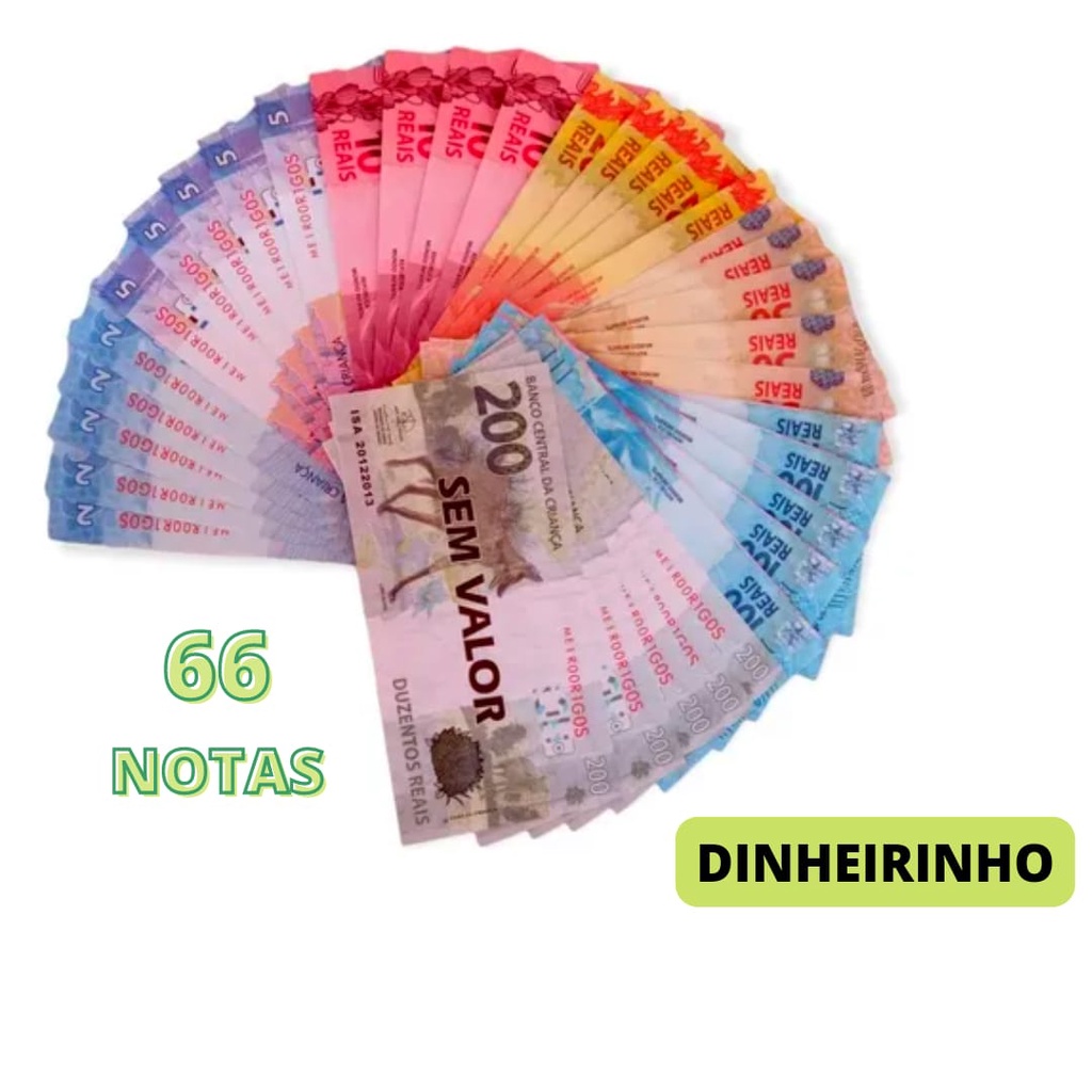 Kit Com 66 Dinheirinho De Brinquedo Infantil Nota De Mentira Para Crianças Festas Cartela De 3335