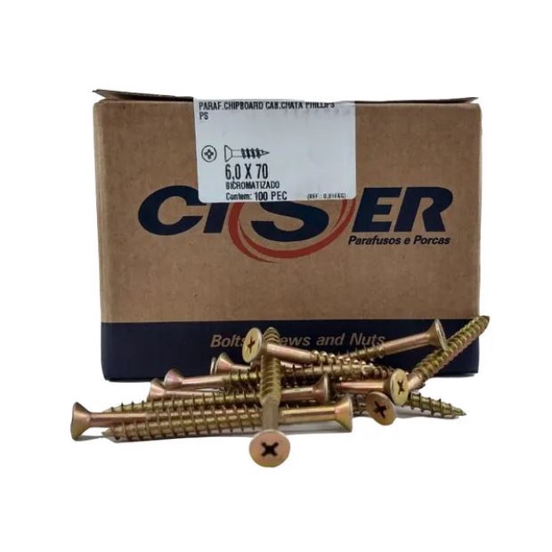 Parafuso 6,0x70 mm Phillips Chipboard  com 100 Peças em Oferta na Shopee
