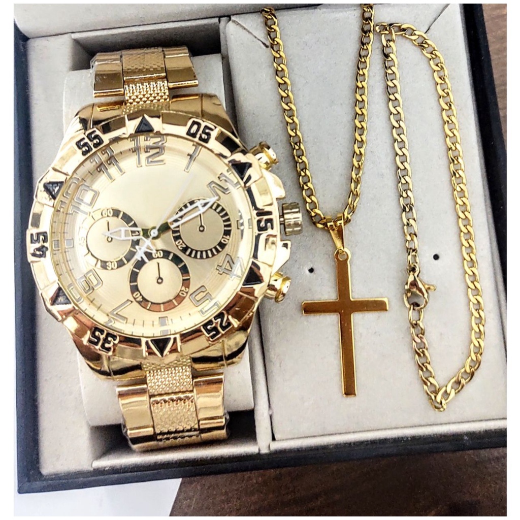 Conjunto relógio masculino + corrente cruz banhado a ouro 18k