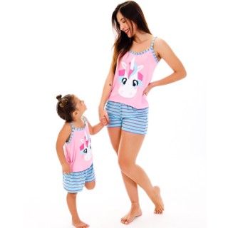 Kit 2 Baby Doll Mãe e Filha Pijama Curto Promoção Verão Alcinha Unicórnio