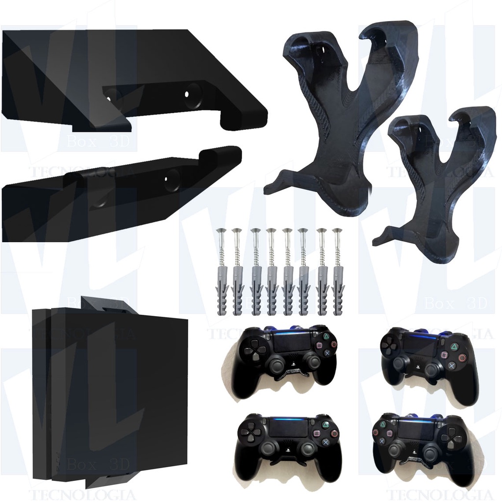 Kit Suporte Console Playstation 4 Fat Slim e Pro, PS4 De Parede e 2 Suportes De Controles PS4 de Parede