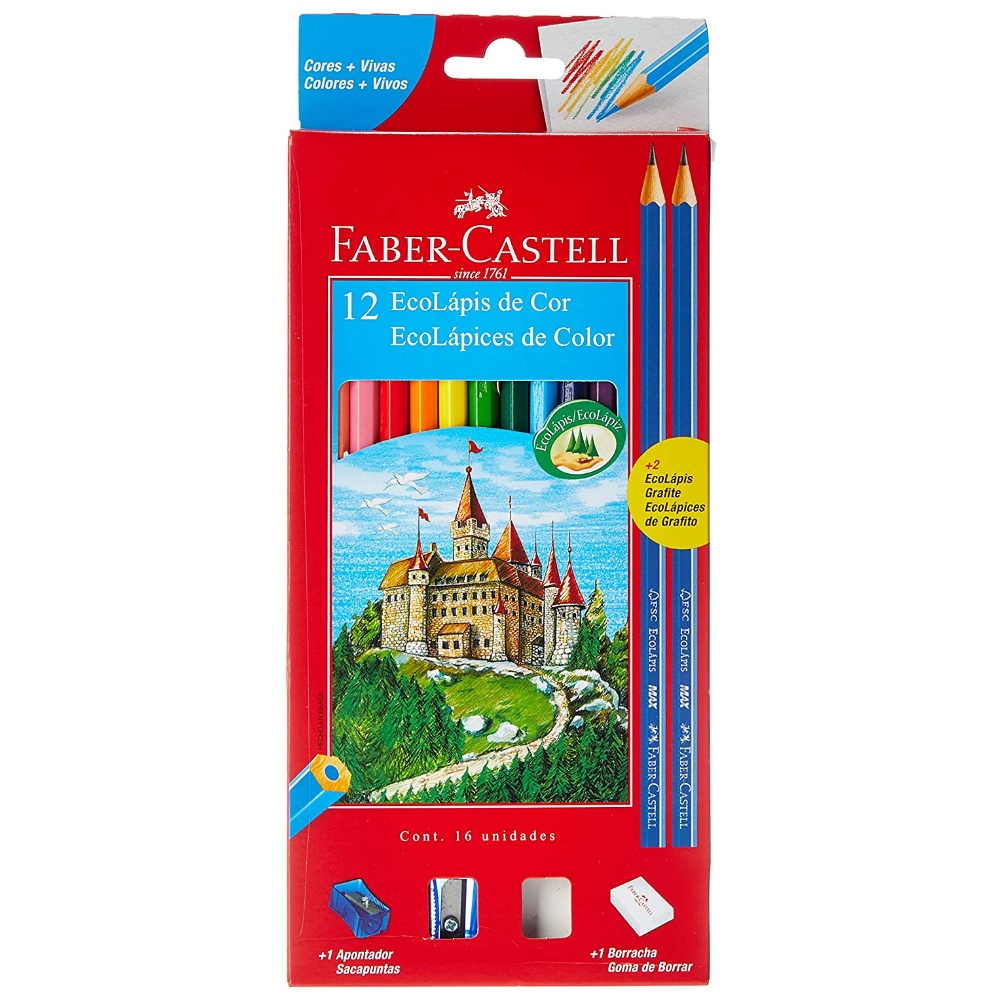 Lápis de Cor FABER CASTELL c/ 12 Cores + 2 Lápis Grafite + Apontador + Borracha