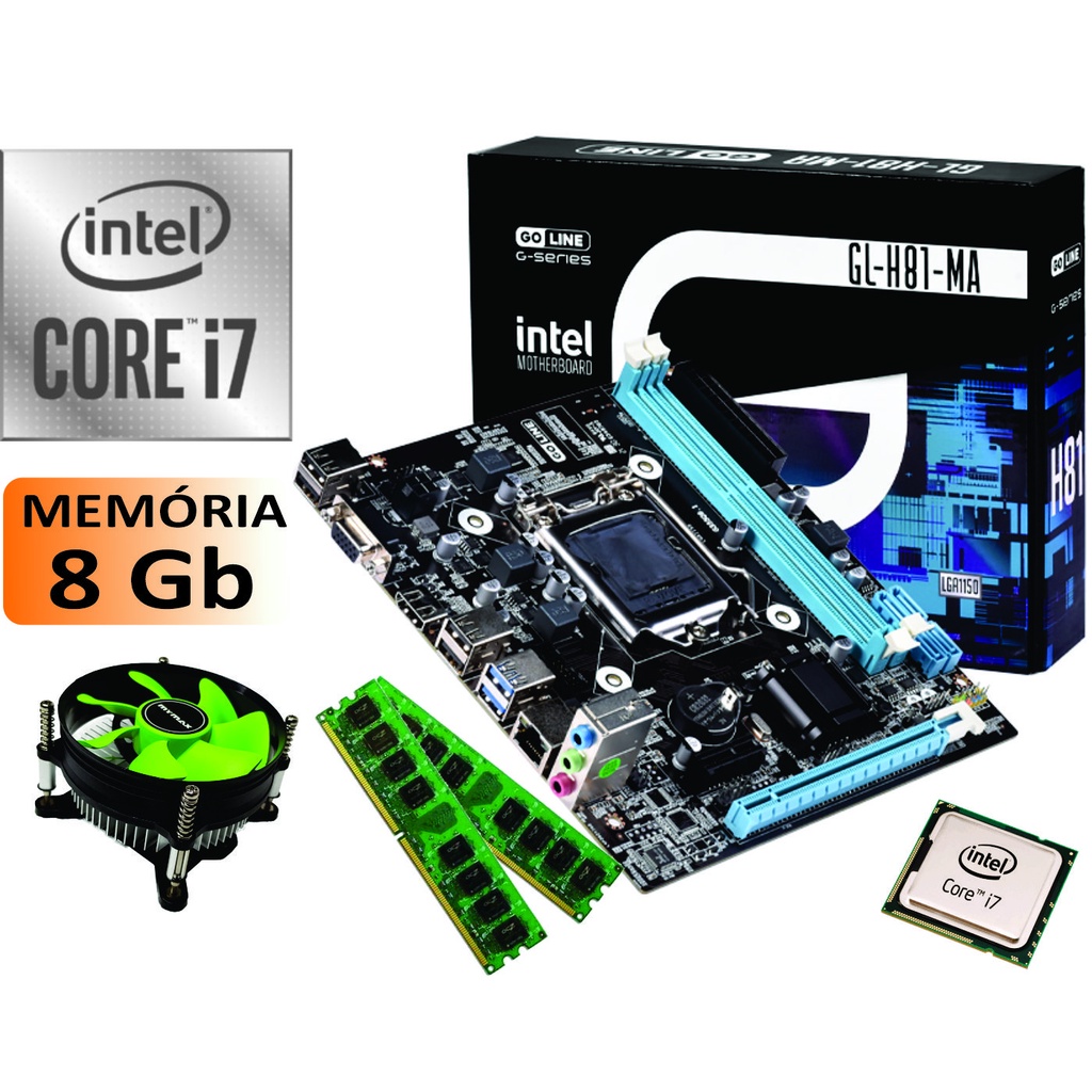 Kit Upgrade Intel i7 4790 3,6ghz Placa Mãe H81 1150 + 8Gb ou 16Gb Ddr3 + cooler Tudo Novo