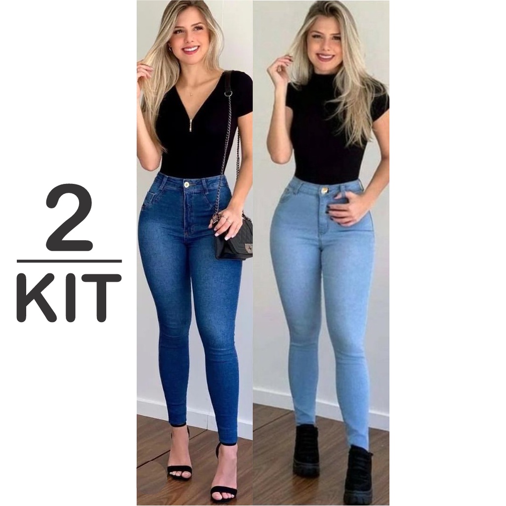 Kit 3 Calças Jeans Feminina Skinny Empina Bumbum Cintura Alta Cós