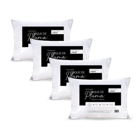 Kit 04 Travesseiros King Toque de Pluma Suporte Firme 180 Fios 90cm x 50cm