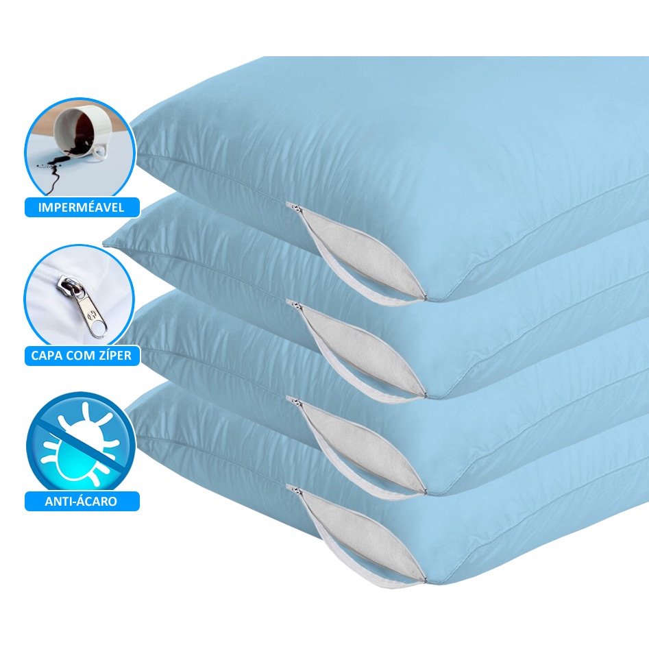 Kit 4 Capa Travesseiro Impermeável Azul 50cm x 70cm Com Zíper e HipoAlergênico em Oferta na Shopee