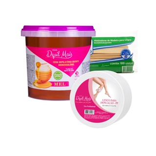 Kit Cera Depilatória Quente Depil Mais 1300g+Papel rolo 50m 80gr 50mx7,2cm+abaixador madeira 100un em Oferta na Shopee