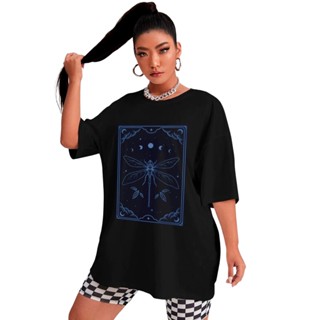 Camiseta Oversized Longa Estampa Mistica Libelula Azul Signo Tarot 100% Algodão Fio 30.1