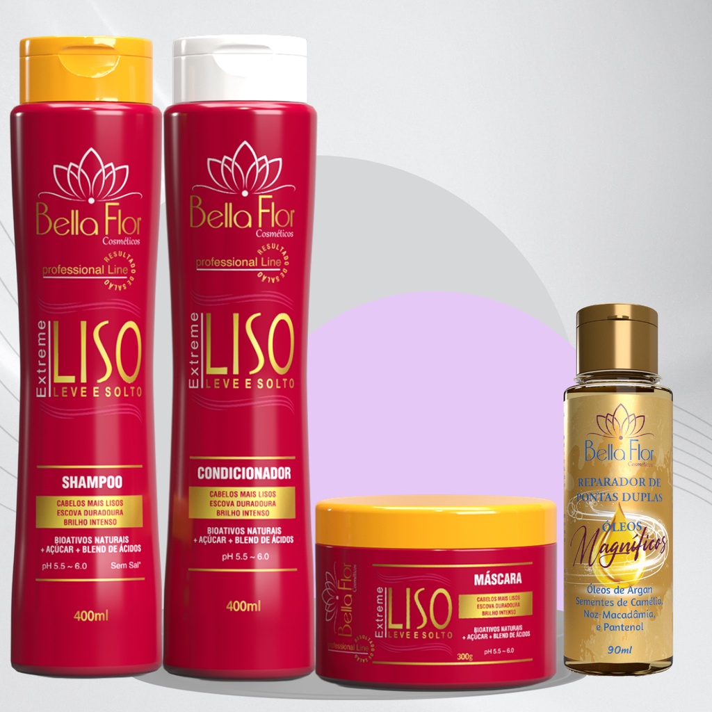 Kit Capilar Liso 4 Produtos Shampoo Condicionador Máscara Reparador de Pontas Bella Flor Alinhamento Anti-Frizz
