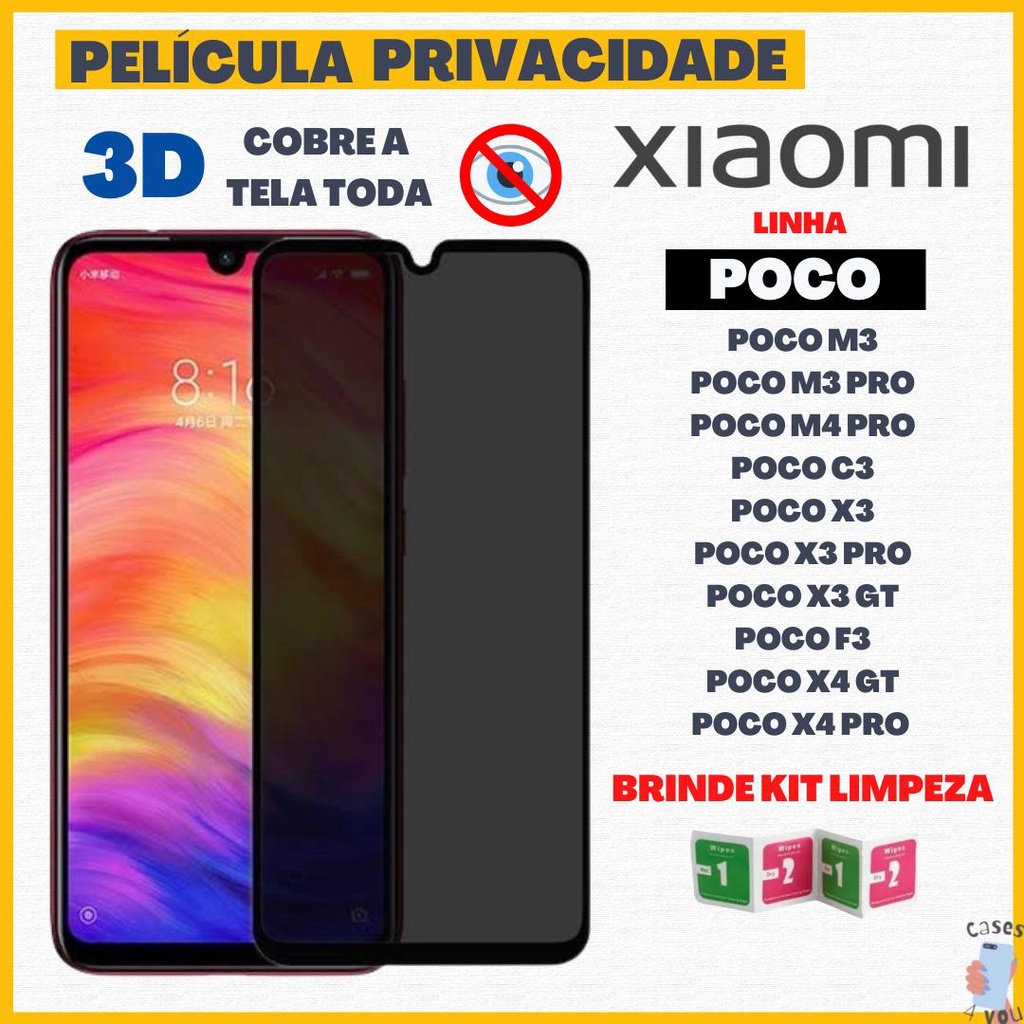 Película 3D Privativa Xiaomi Poco Privacidade Anti Espião Espionagem Vidro POCO M3 M3 PRO M4 PRO C3 X3 X3 PRO X3 GT FЗ X4 GT X4 PRO