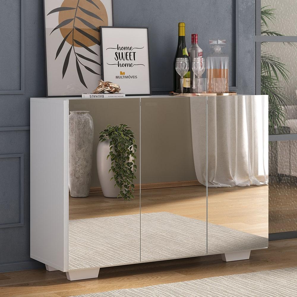 Aparador Buffet 3 Portas com Espelho e Pés Quadrados Vegas Multimóveis MP1014 Branco em Oferta na Shopee