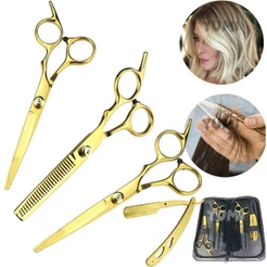 Kit 3 Tesouras 1 Navalhete profissionais Para Cabelereiro e Barbeiro 6.0'' Polegadas Dourado Preto Furta-cor