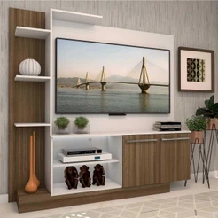Estante com painel para TV até 55 polegadas e 2 portas Porto Multimóveis Branco/Madeirado