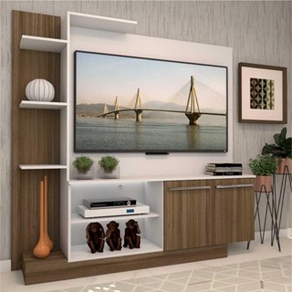 Estante com painel para TV até 55 polegadas e 2 portas Porto Multimóveis Branco/Madeirado