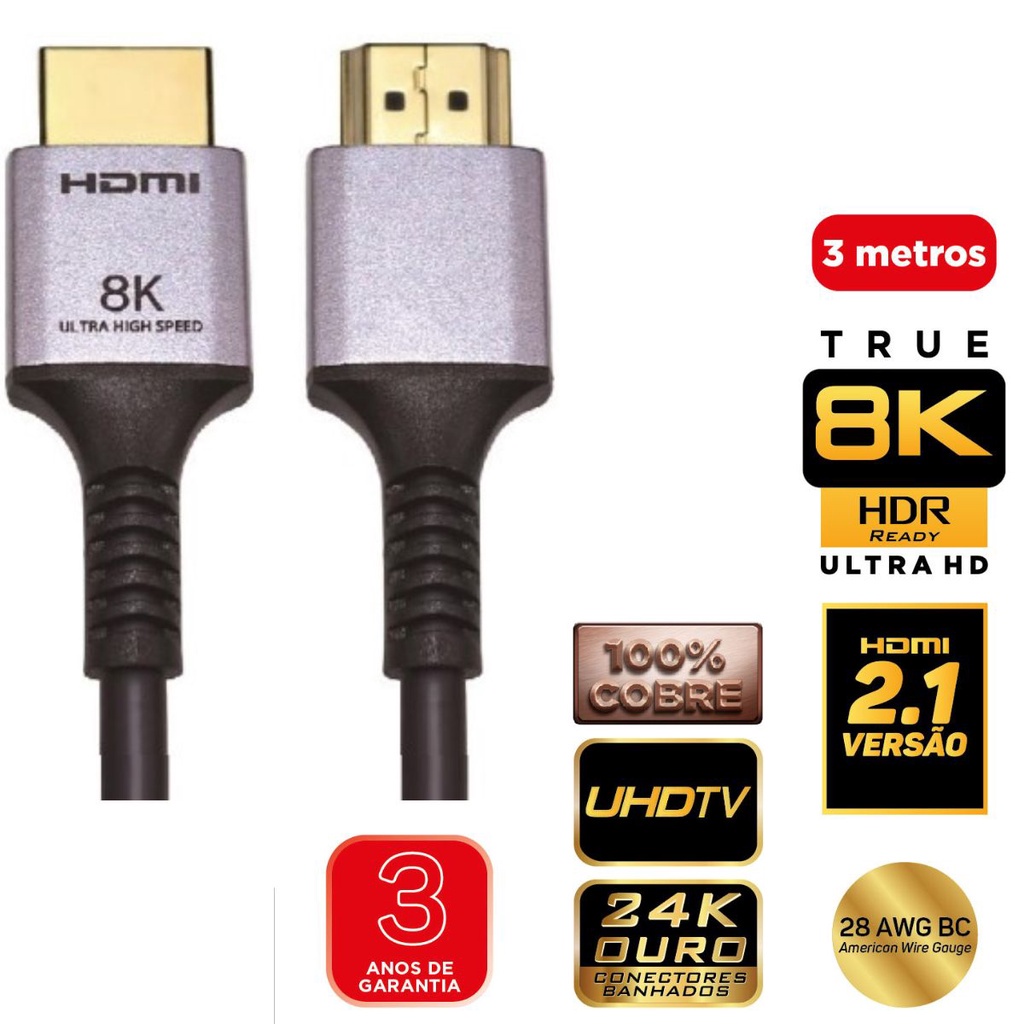 Cabo Hdmi 4k 8K 2.1 Ultra Hd 3 Metros Banhado A Ouro Ultra Velocidade