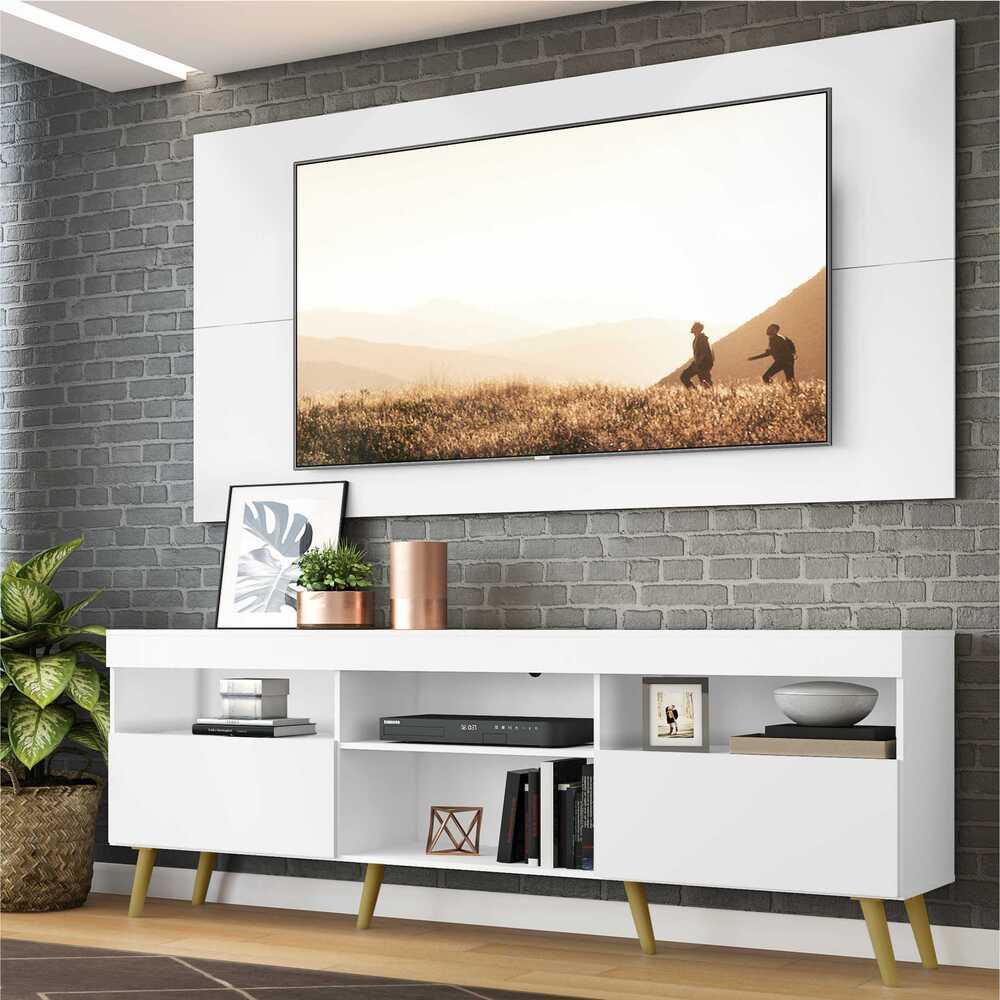 Rack c/ Painel e Suporte TV 65" e Pés Retrô Flórida Multimóveis Branco/Natural em Oferta na Shopee
