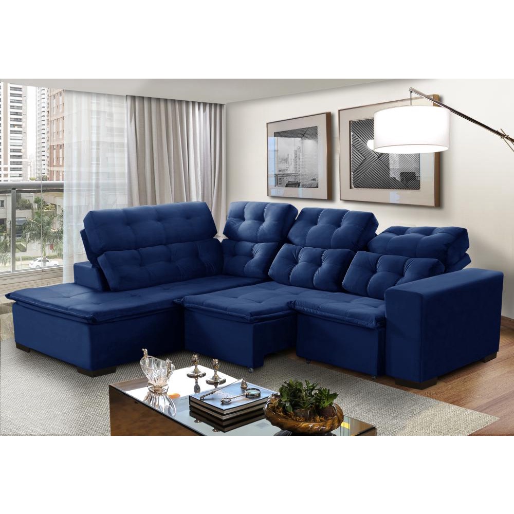 Sofá de Canto Berlim Retrátil/Reclinável 6 Lugares Azul Pillow Top c/molas bonnel 2,20x2,80 - Sofá Casa