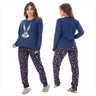 Promoção Pijama Longo Estampado Pernalonga Adulto Calça Manga Longa Linha Noite Moda Feminina 330