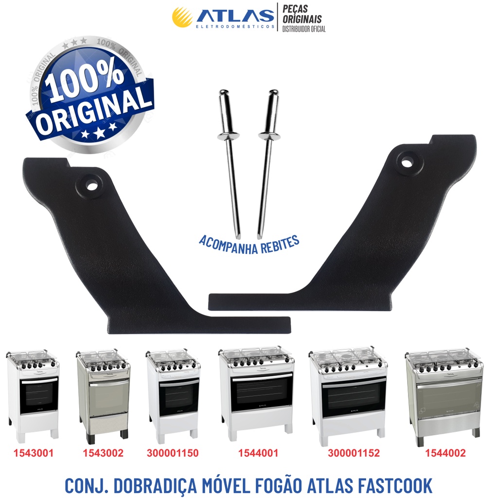 Conj. Dobradiça Tampa Móvel Fogões Atlas Fastcook 4 e 5 bocas