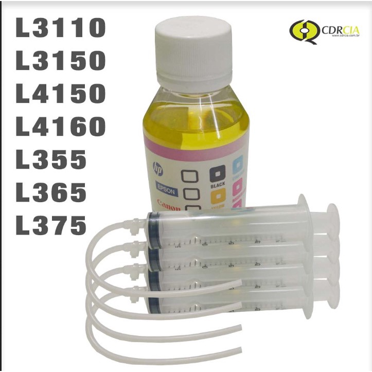 Kit Solução de Limpeza + 4 Seringas Com Mangueira Para Desentupir Cabeça de Impressão de Impressoras Epson: L3110, L3150