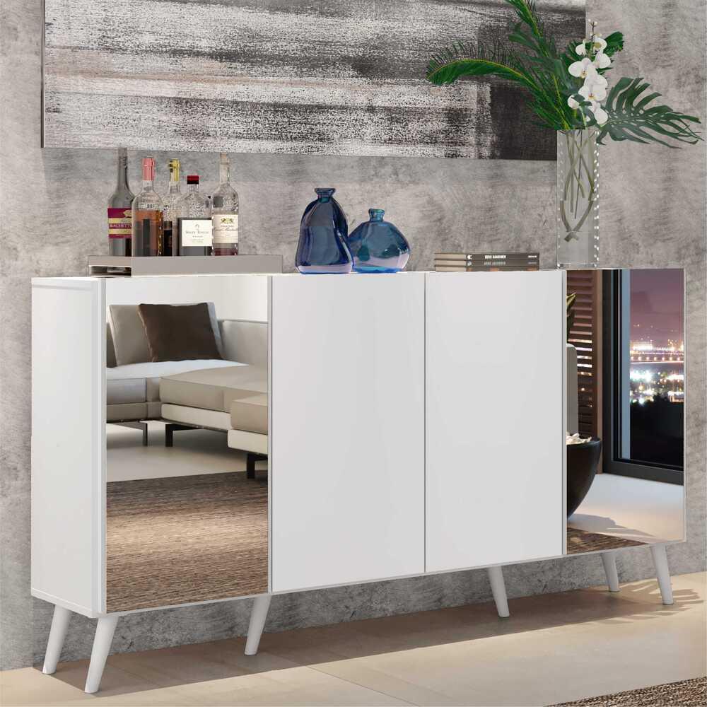Aparador Buffet c/ Espelho e Pés Retrô Vegas Multimóveis Branco em Oferta na Shopee