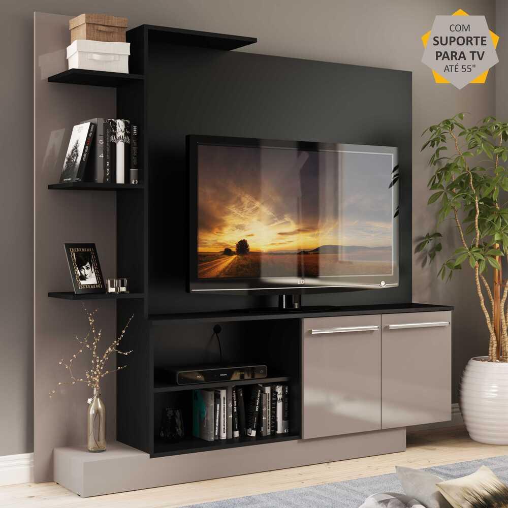 Estante Home Theater com Suporte P/TV até 55'' Denver Multimóveis Preto/Lacca Fumê em Oferta na Shopee