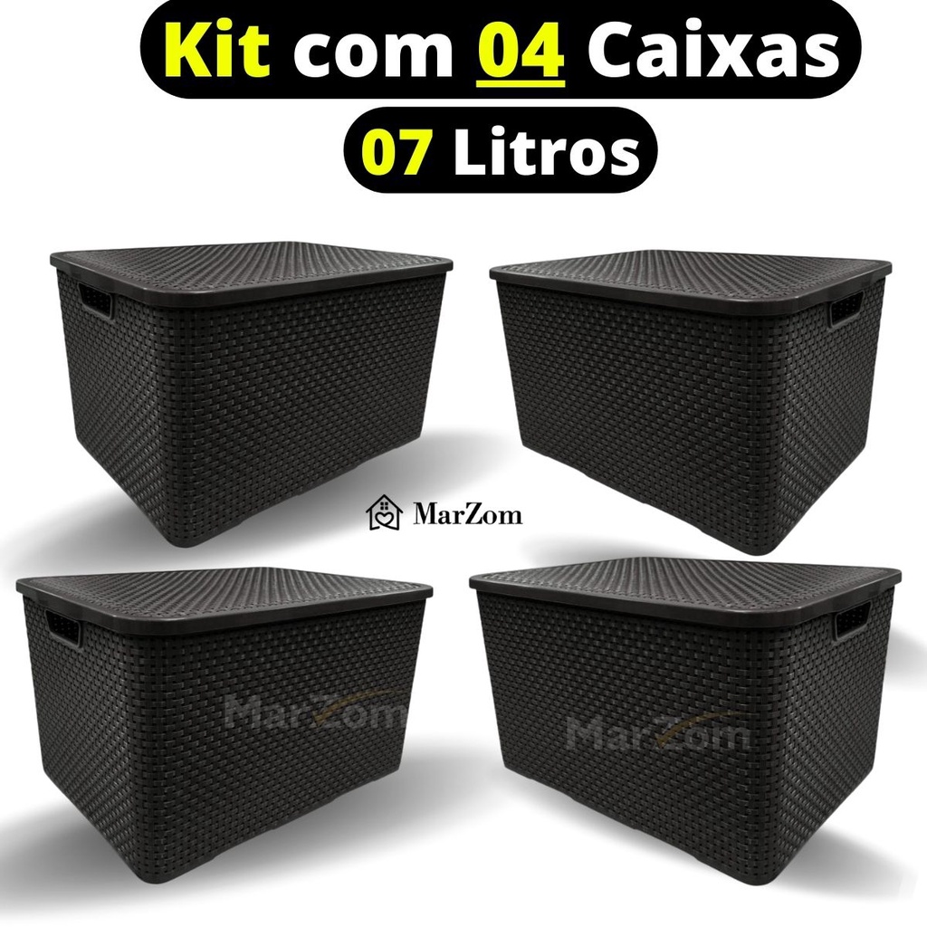 Kit 4 Caixa Organizadora com Tampa  7 Litros Rattan - Cesto Organizador Pequeno Medio - Caixa Organizadora de Brinquedos Empilhável